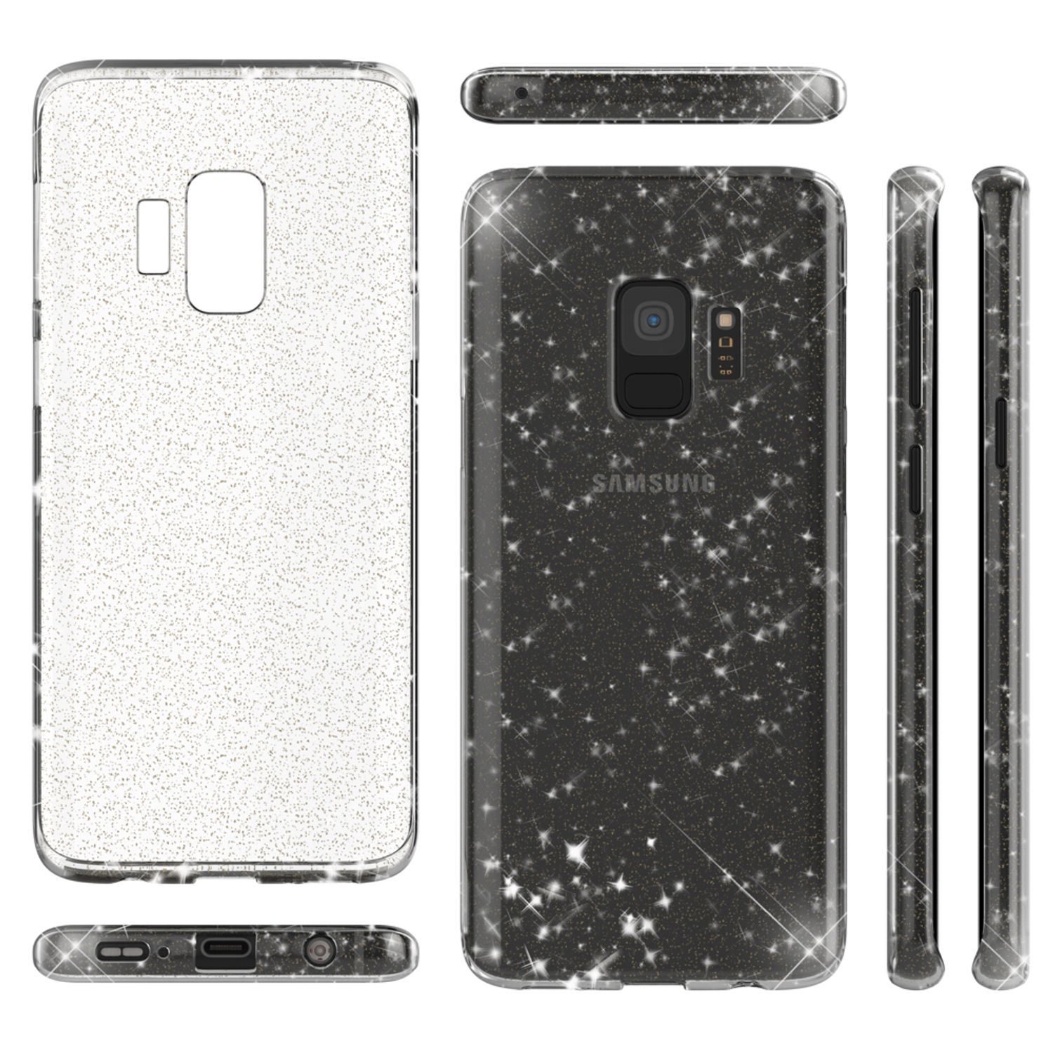S9, NALIA Backcover, Glitzer Samsung, Galaxy Silikon Schwarz Klare Hülle,