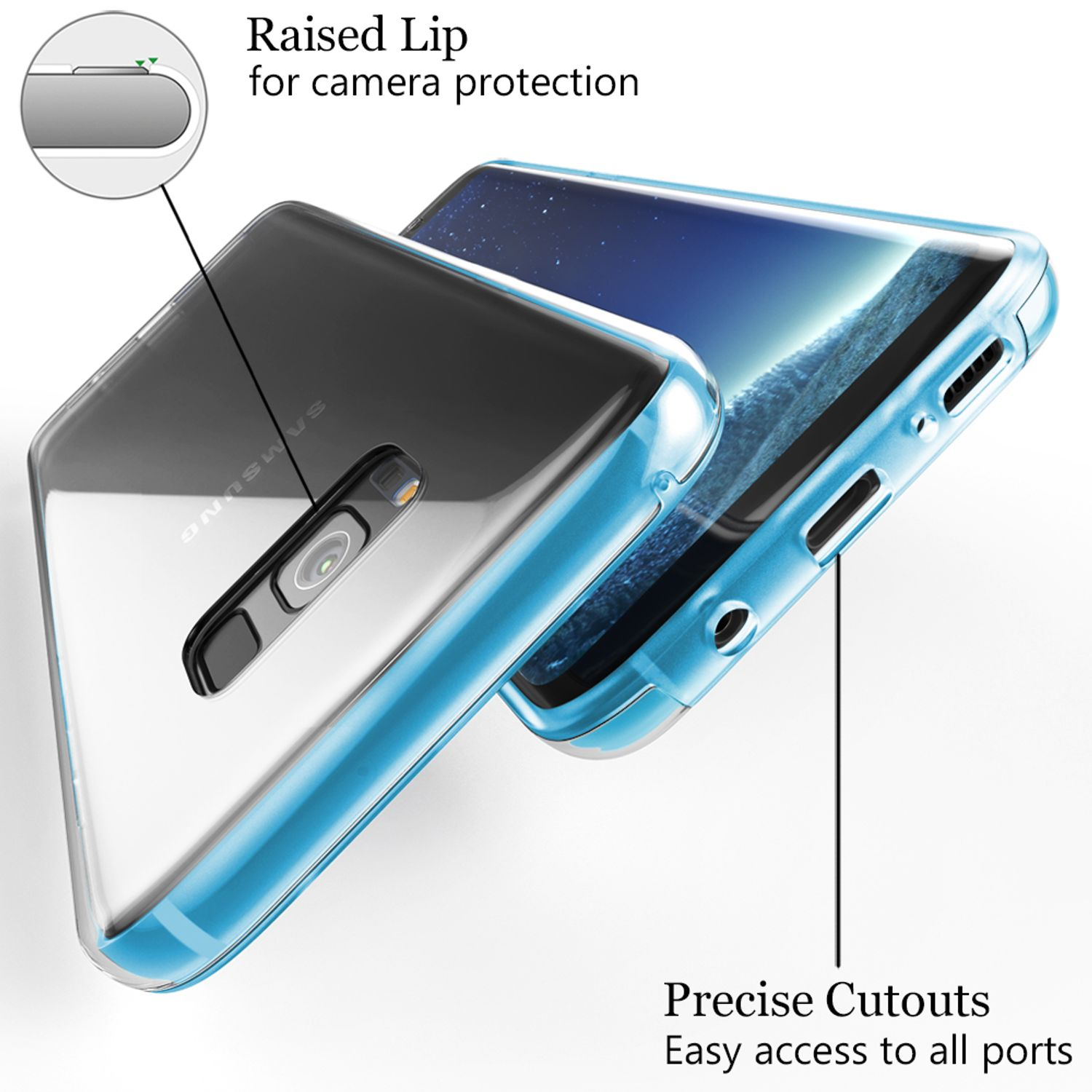 Zwei Handyhüllen: eine transparente mit blauen Kanten und eine schwarze, mit Kameraschutz und Portzugang.