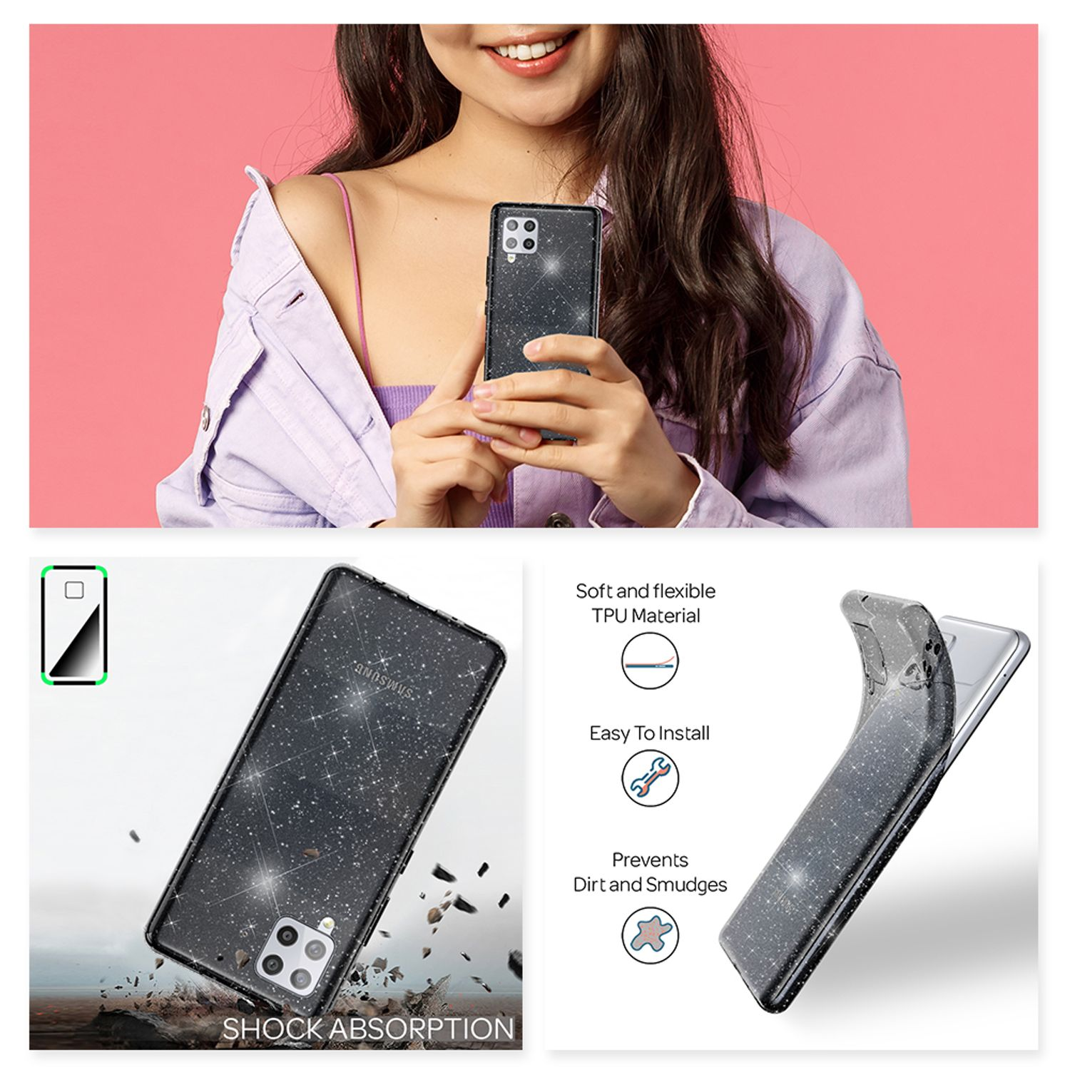 Samsung, Silikon Klare A42 Schwarz Hülle, Backcover, Galaxy 5G, Glitzer NALIA