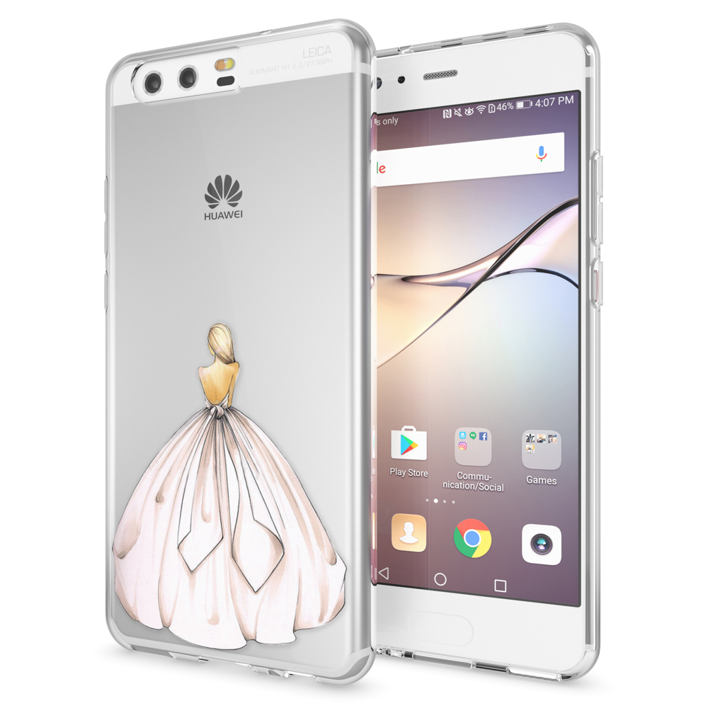 Eine Handyhülle mit einer Zeichnung einer Frau in einem Kleid, rechts daneben ein Telefon.