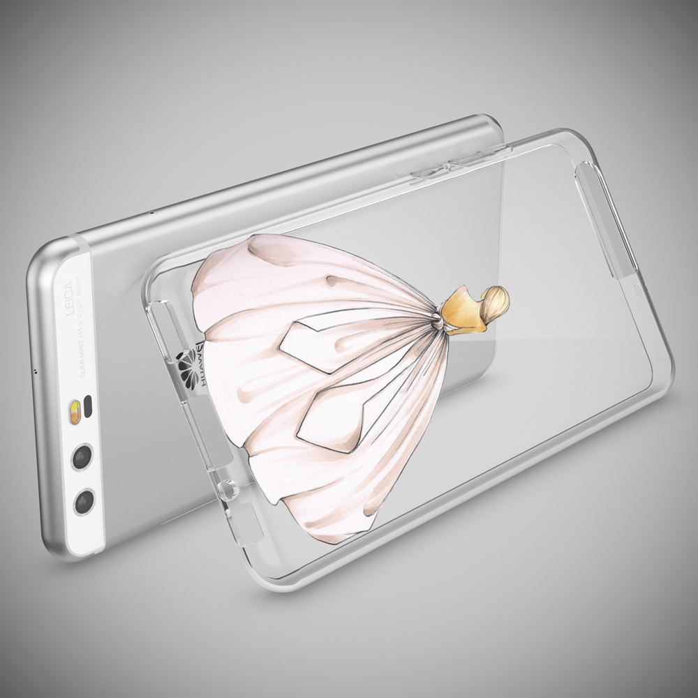 Telefon in transparenter Hülle, mit Zeichnung eines Hochzeitskleides auf der Rückseite.