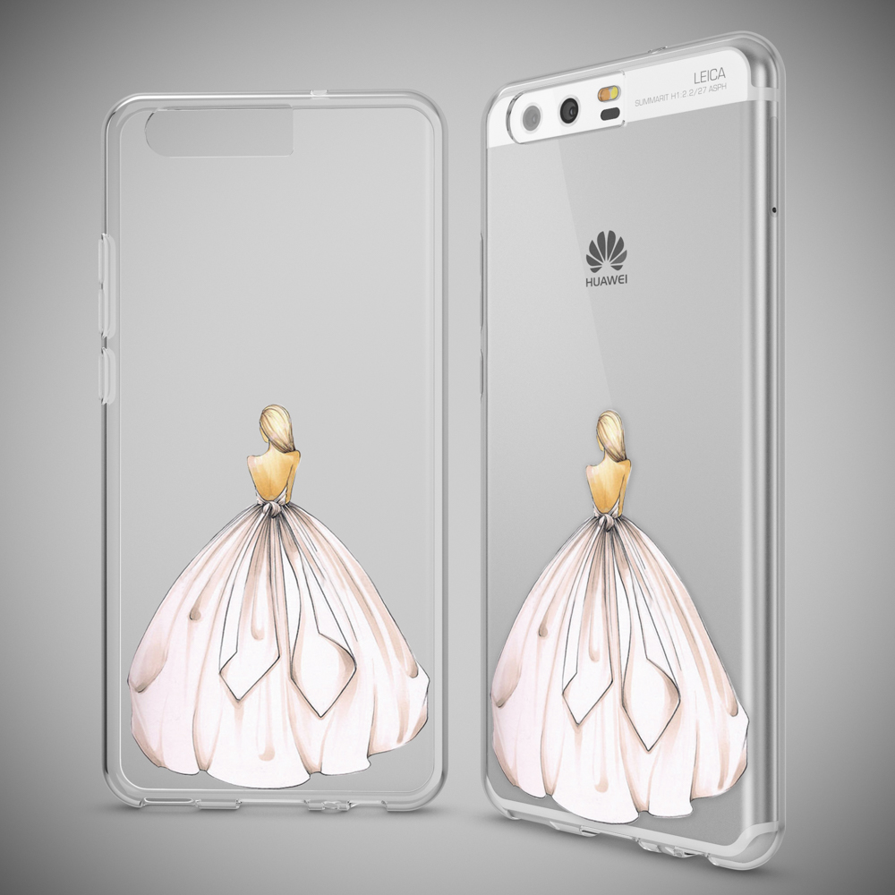Zwei Handyhüllen mit einem Handy in der Mitte. Die Hüllen sind durchsichtig und das Handy hat eine Zeichnung eines Kleides.
