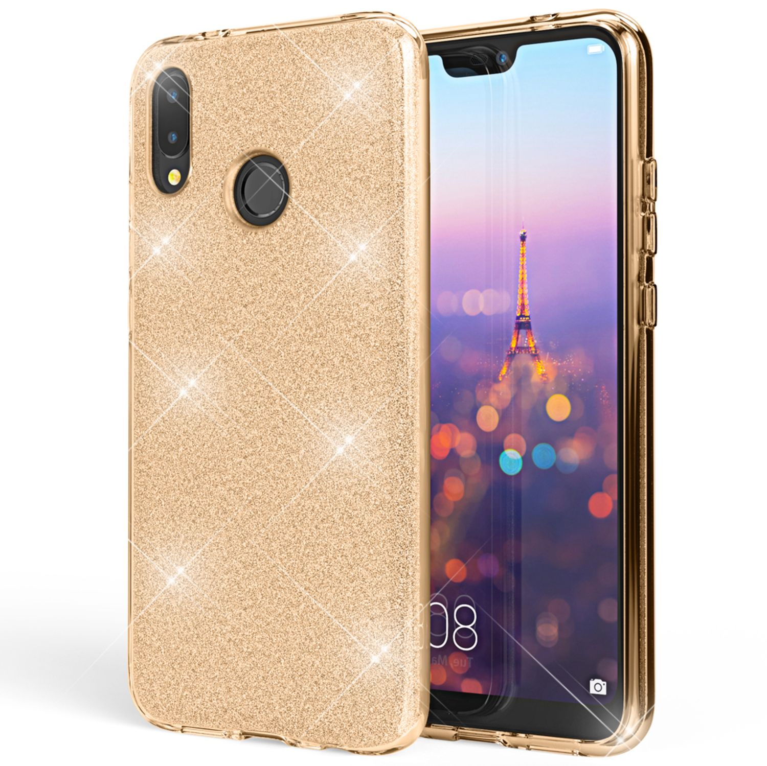 Goldene Handyhülle mit Glitzer, neben einem Handy, das eine Stadtlandschaft mit dem Eiffelturm zeigt.