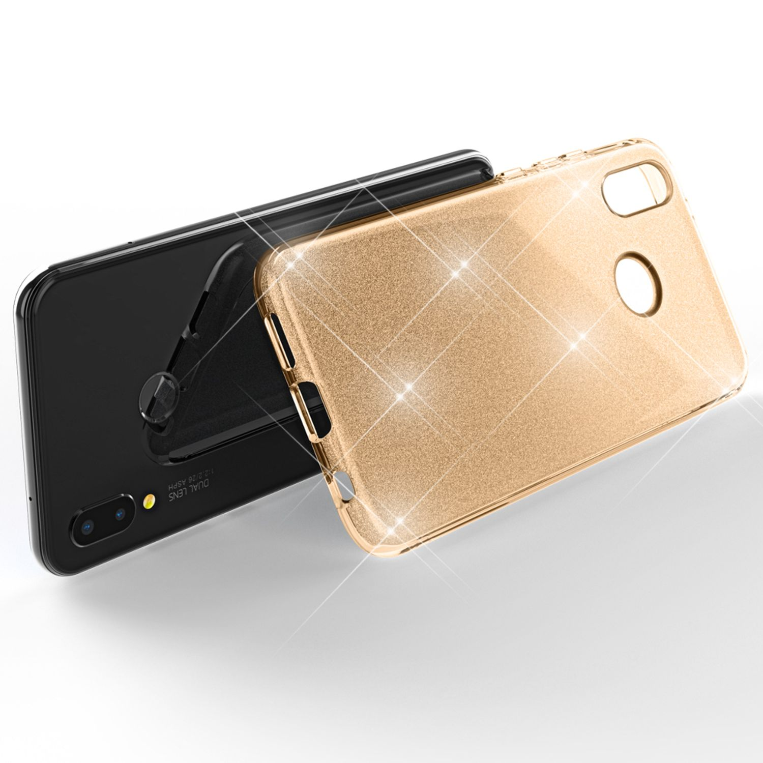 Deux coques de téléphone, une noire et une dorée, sur une surface blanche. La coque dorée est au-dessus, et des reflets brillants sont visibles.