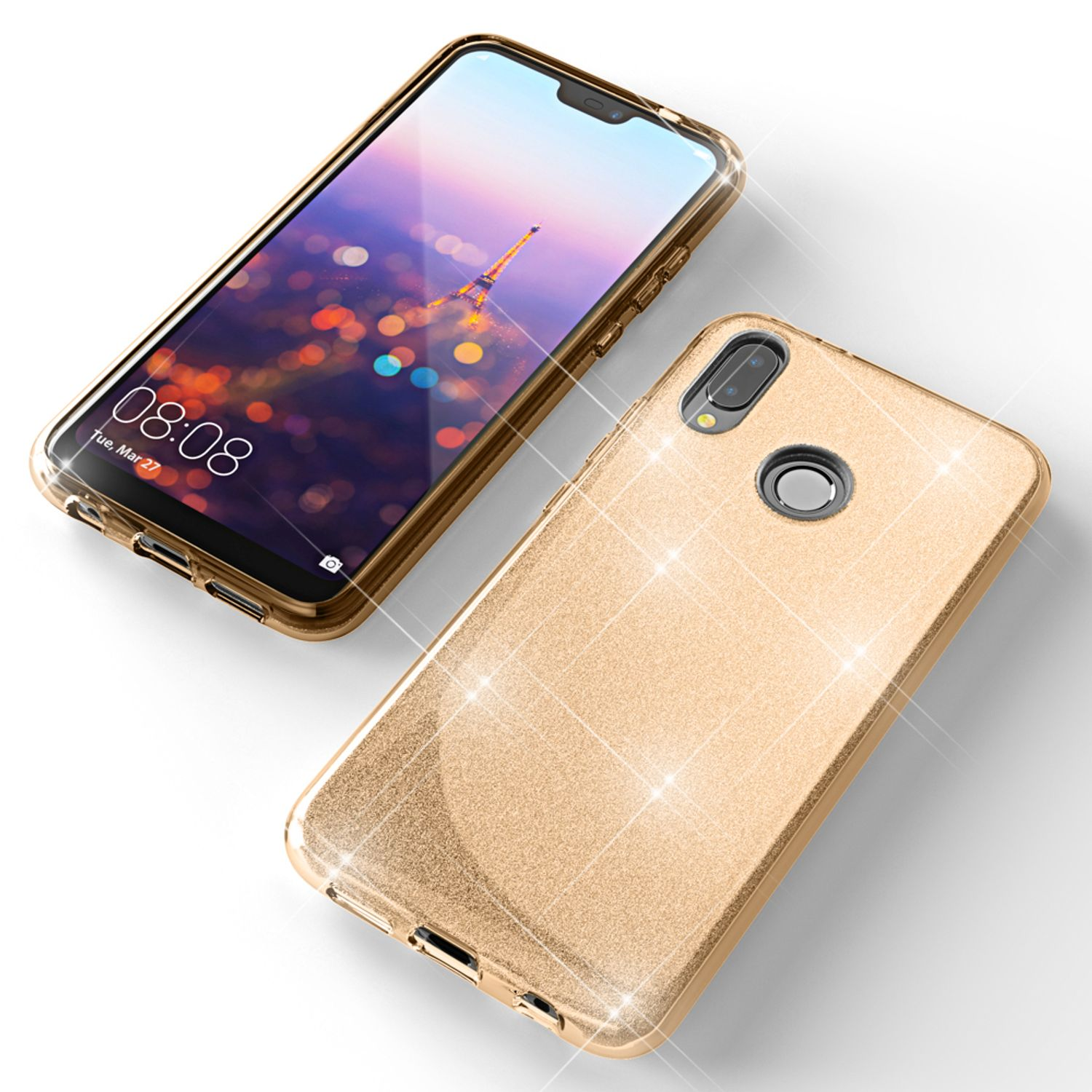 Deux coques de téléphone dorées. L'une a un téléphone avec un fond d'écran de la Tour Eiffel. L'autre coque est dorée unie. Les deux sont sur une surface blanche.
