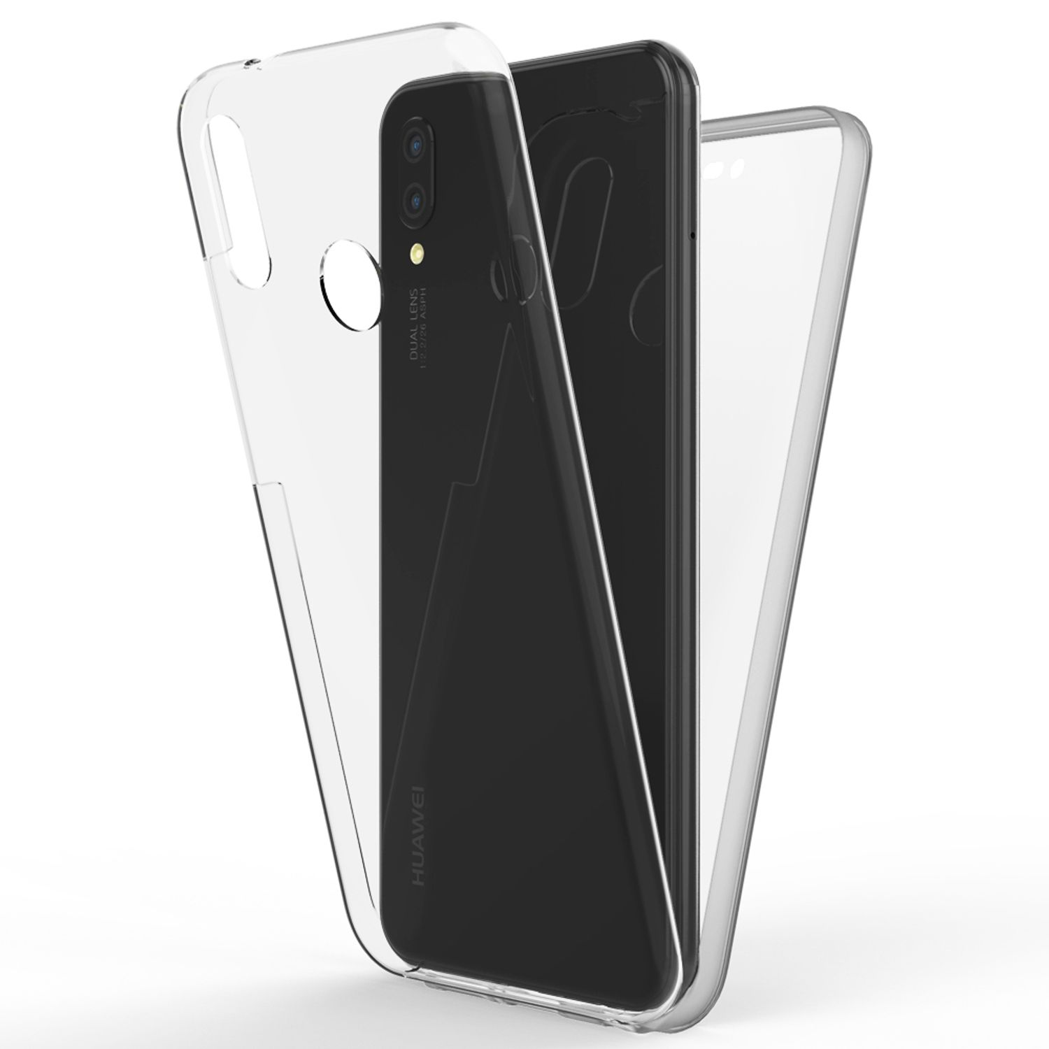Transparente Handyhülle auf schwarzem Telefon, weißer Hintergrund.