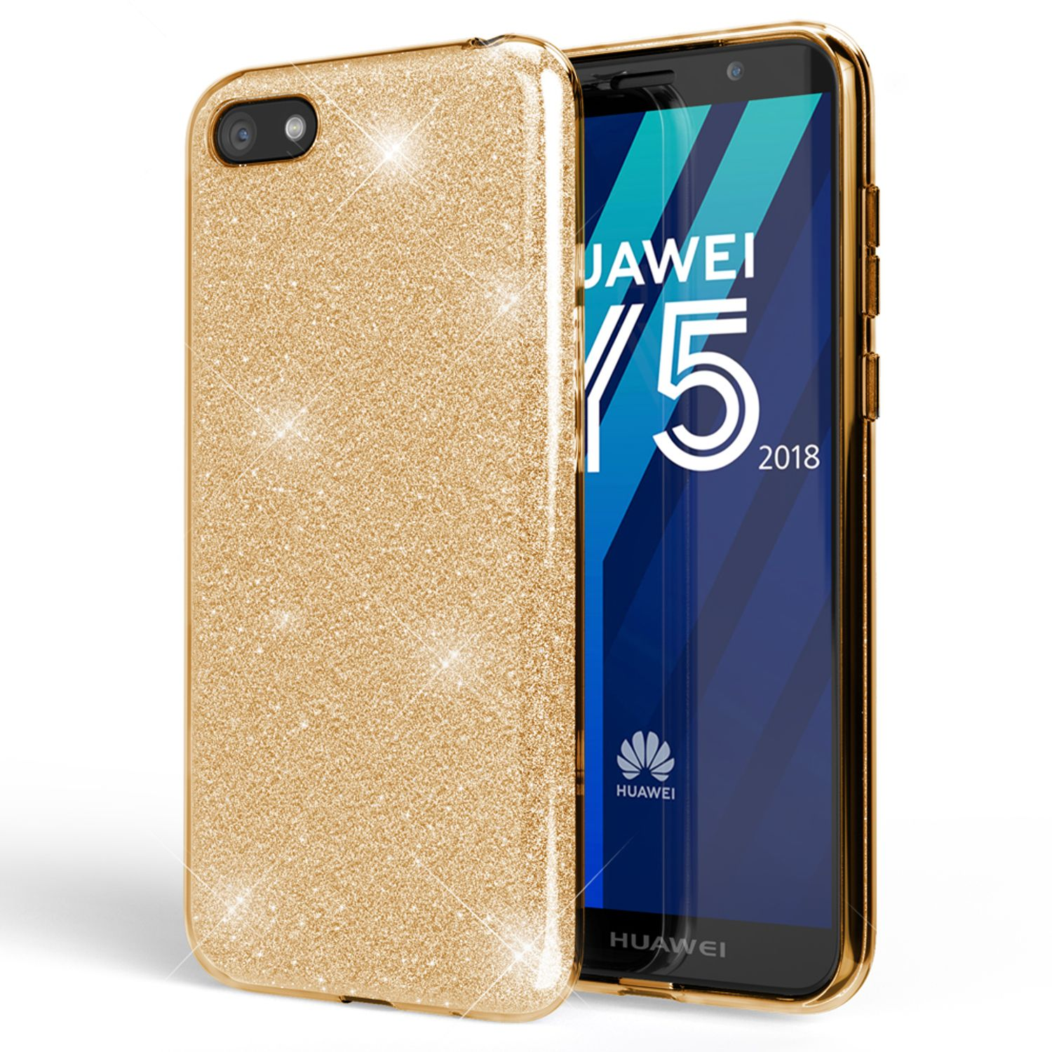 Custodia per telefono glitterata oro e telefono con cornice dorata. Schermo del telefono visibile.