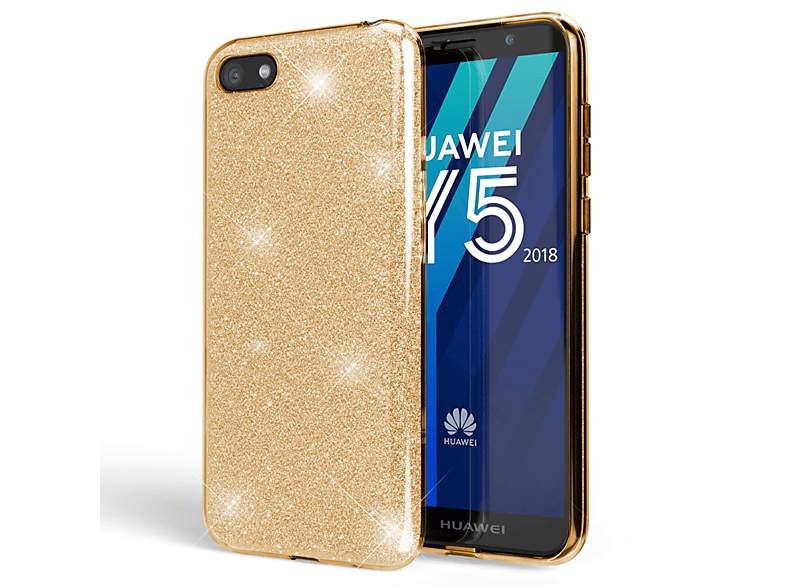 Backcover, Glitzer Gold Hülle, Huawei, Y5 (2018), NALIA