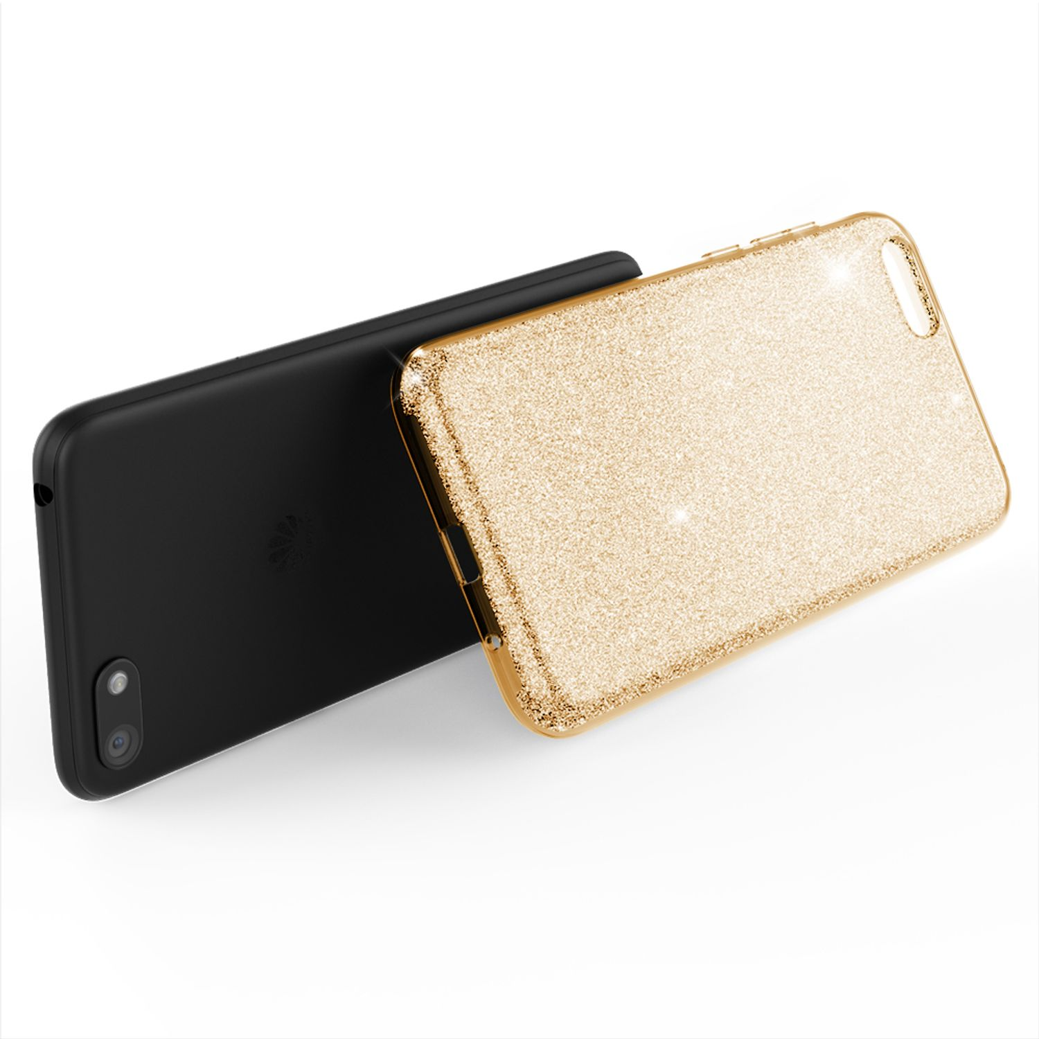 Eine goldene Glitzer-Handyhülle neben einem schwarzen Telefon. Beide sind auf einer weißen Oberfläche abgewinkelt.