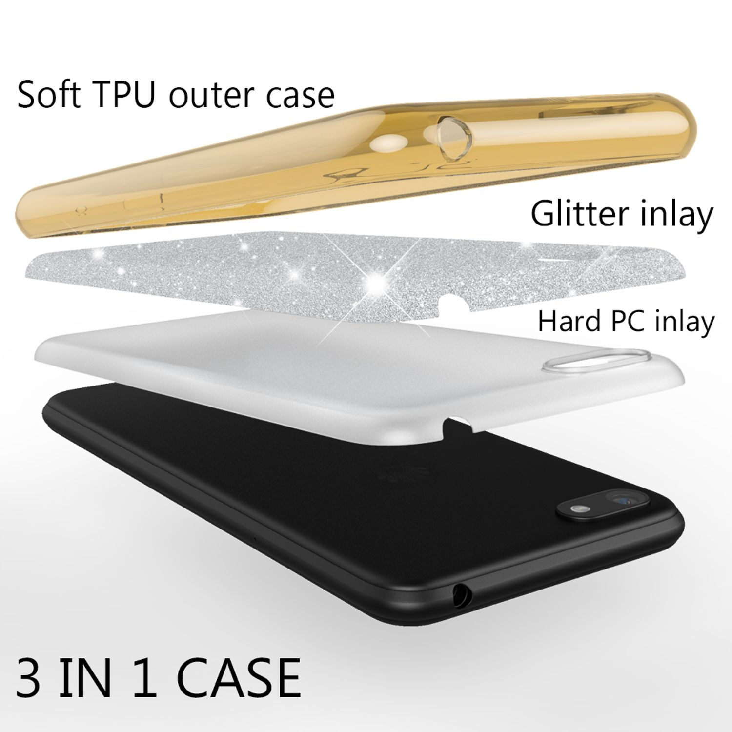 Eine 3-in-1-Handyhülle, die weiches äußeres TPU, Glitzer-Inlay und hartes PC-Inlay über einem schwarzen Telefon zeigt.