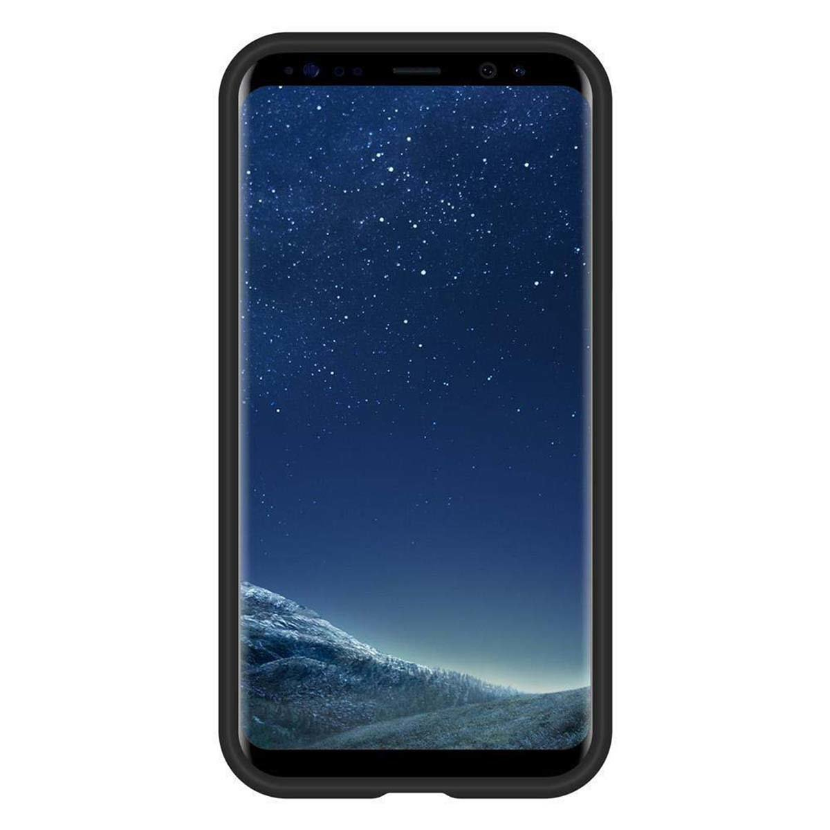 Un telefono nero con una custodia nera. Lo schermo mostra un cielo notturno stellato.