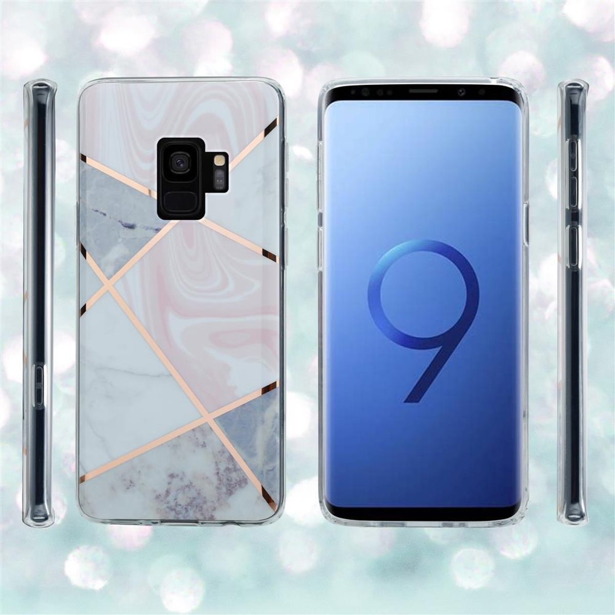 Due custodie per telefono, una su un telefono. Una ha un design marmorizzato e l'altra uno schermo blu.