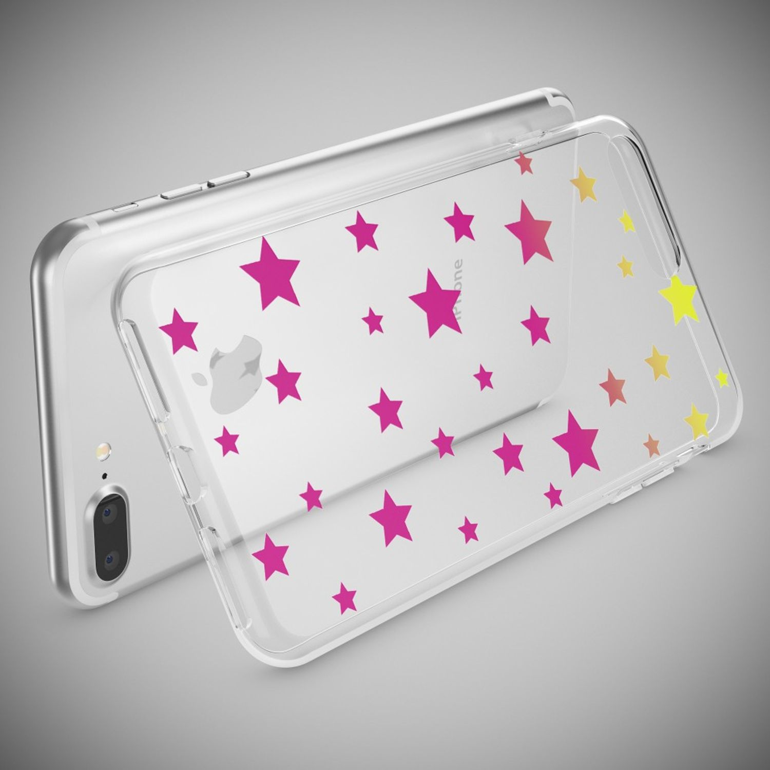 Telefon in transparenter Hülle mit pink-gelbem Sternenmuster. Sterne sind sichtbar.