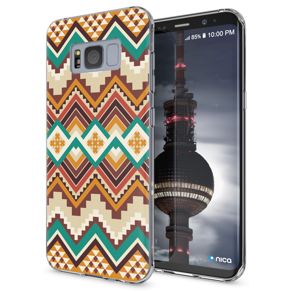 Ein Telefon mit Hülle mit Stammesmuster neben einem Telefon mit Turmbild auf dem Bildschirm.