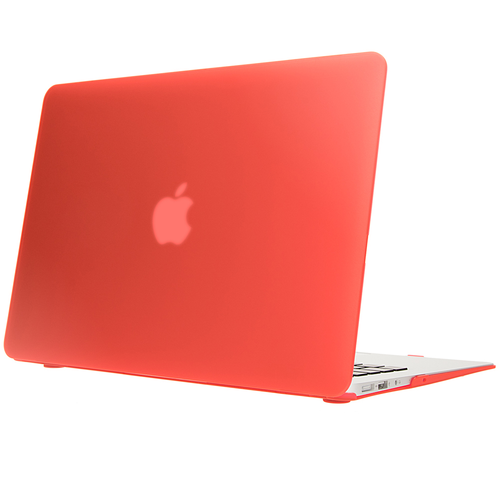 Ein roter Laptop mit Apfel-Logo auf der Rückseite. Der Bildschirm ist geschlossen, die Ansicht von hinten und der Seite.