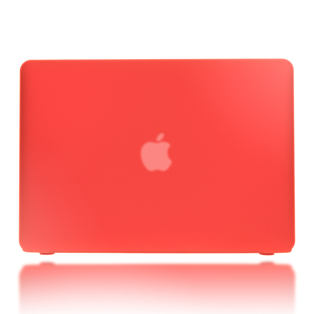 Roter Laptop, Draufsicht. Apple-Logo sichtbar. Der Laptop steht auf weißer, reflektierender Oberfläche.