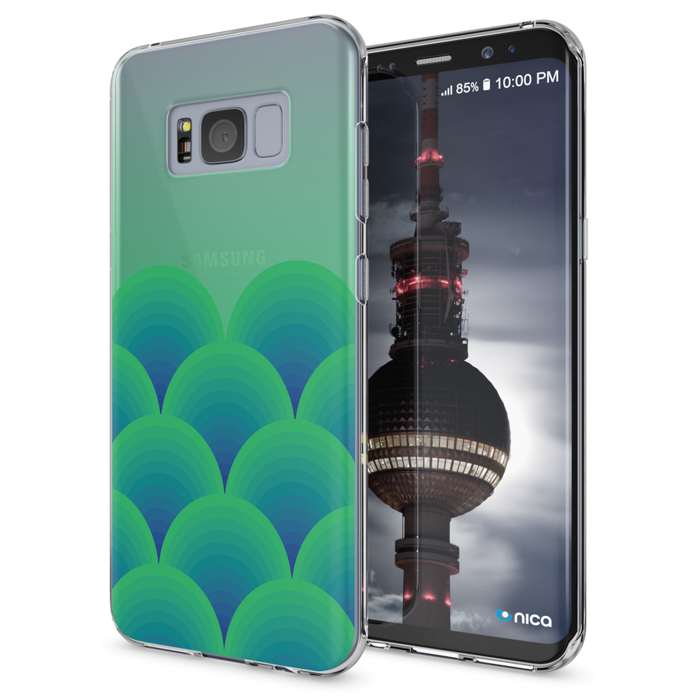 Handyhülle mit grünem und blauem Muster, Telefon zeigt Berliner Fernsehturm.