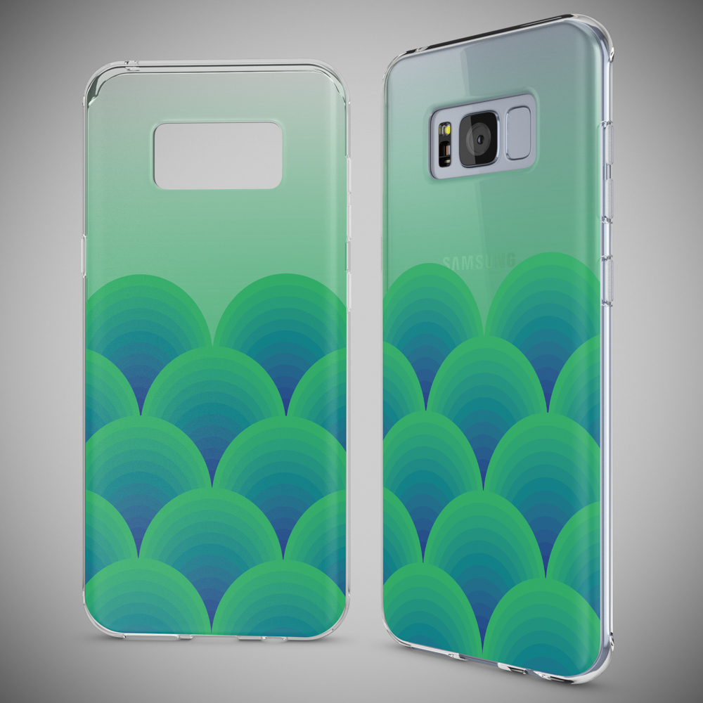 Zwei Handyhüllen, eine auf dem Telefon und die andere im Hintergrund, beide mit grün-blauen Mustern.