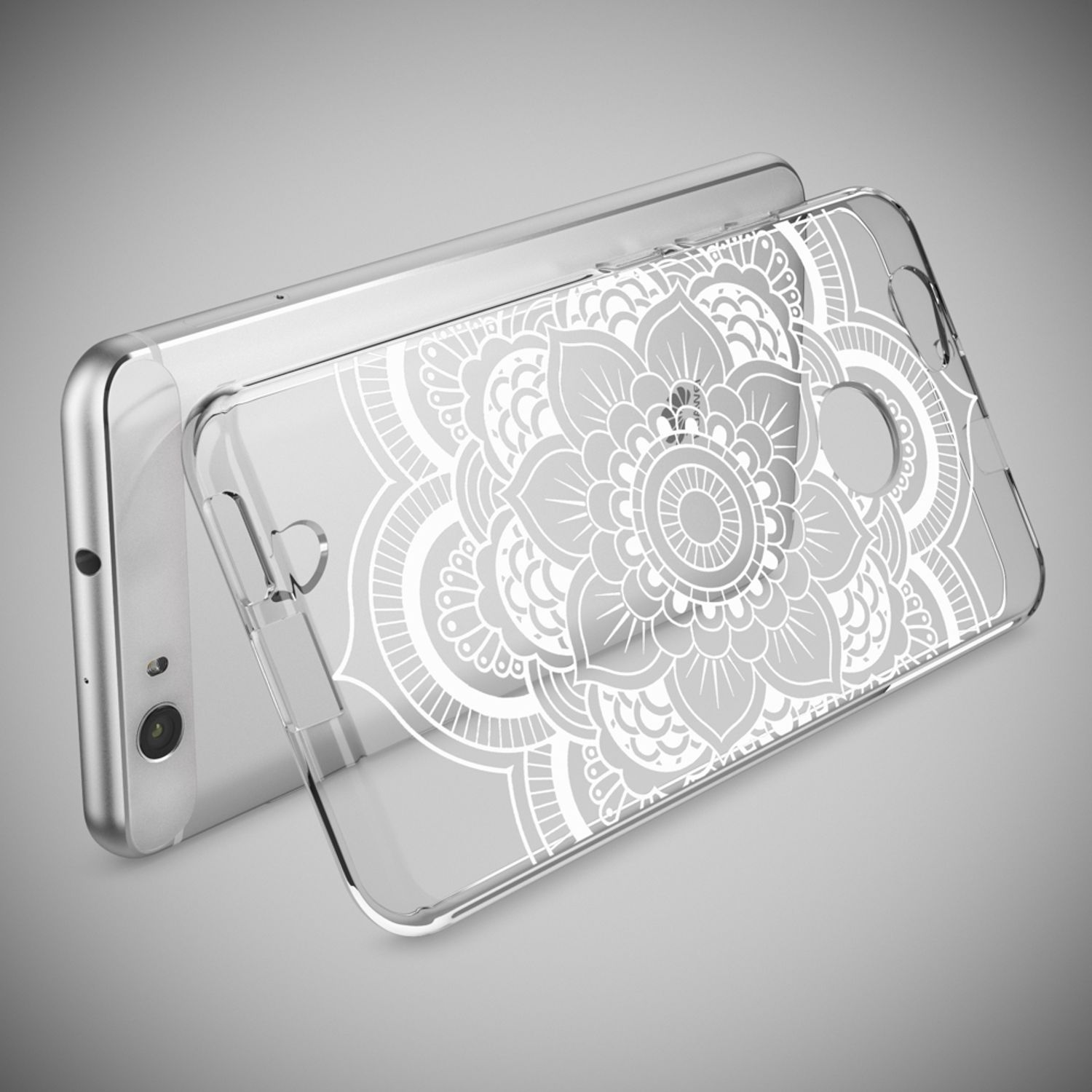 Ein Telefon in einer transparenten Hülle mit weißem Blumendesign. Das Telefon ist abgewinkelt und zeigt die Rückseite mit der Hülle.