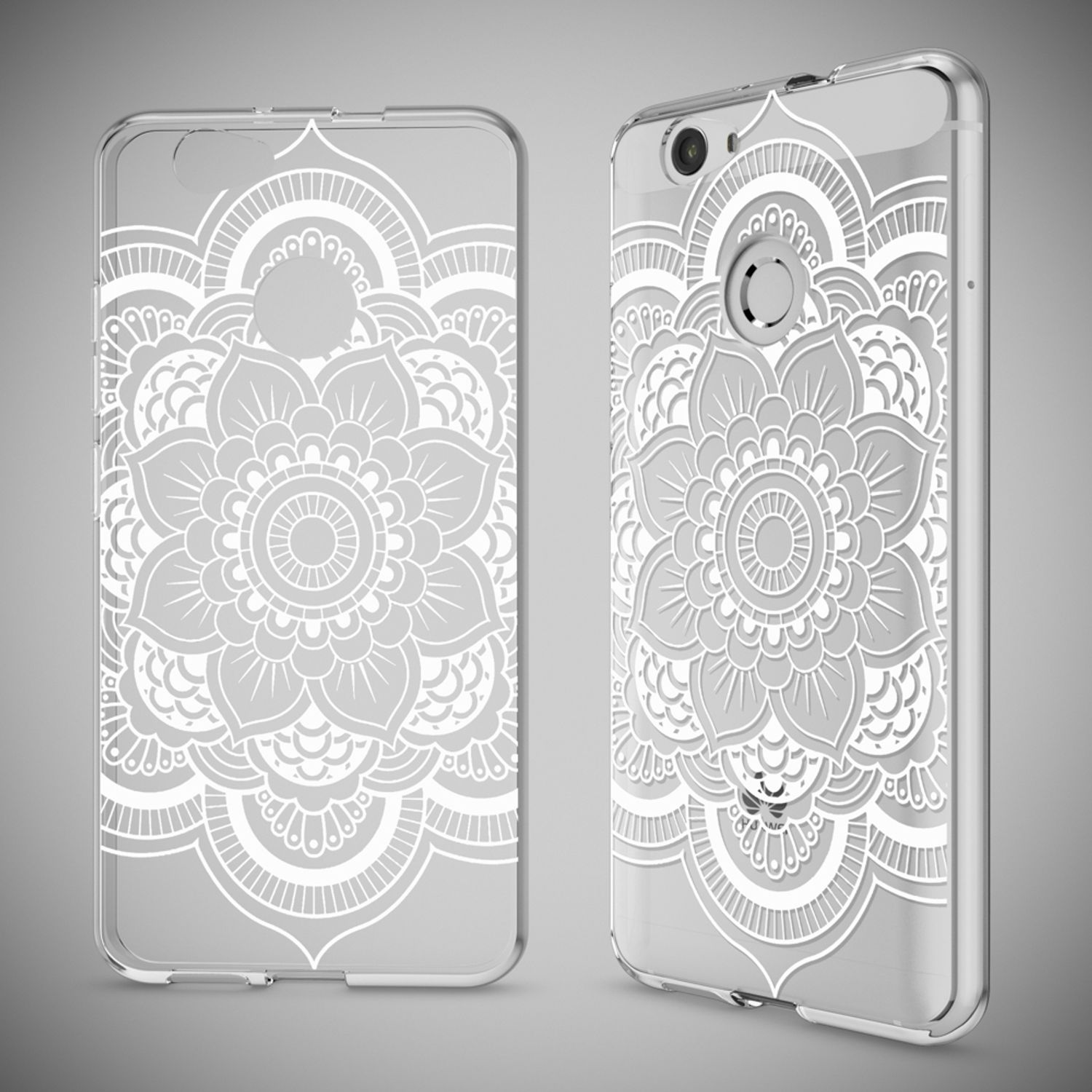 Handyhülle mit weißem Blumen-Mandala-Design auf grauem Hintergrund.