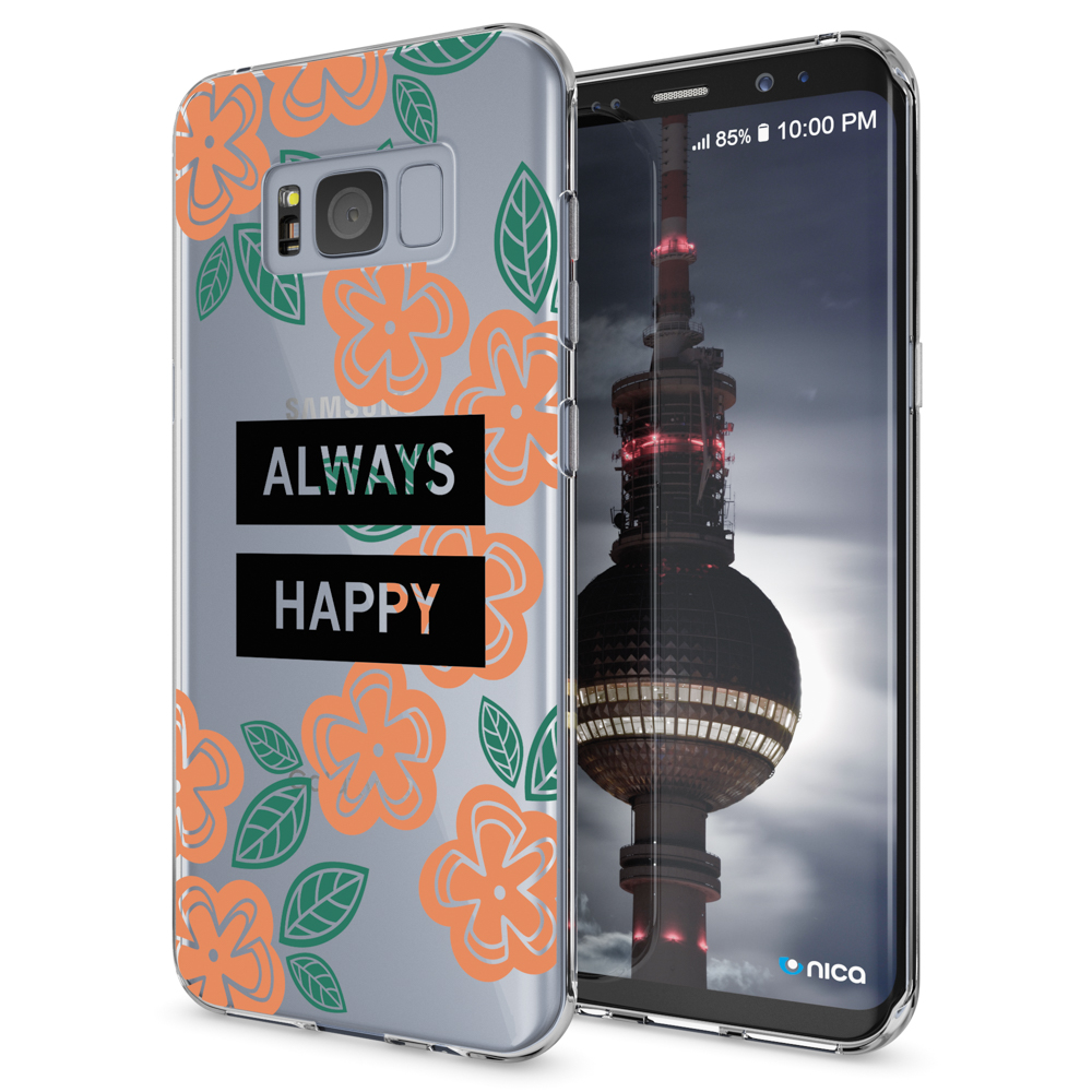 Ein Telefon mit Hülle mit Blumen und den Worten „ALWAYS HAPPY“ darauf.