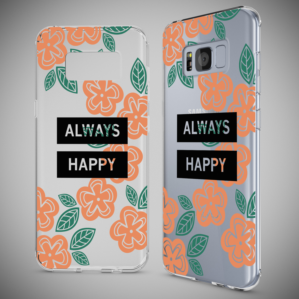 Handyhülle mit orangefarbenen Blumen und den Worten 'ALWAYS HAPPY' auf grauem Hintergrund.