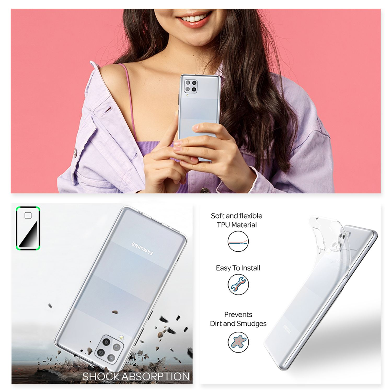 Una donna tiene in mano un telefono con una custodia trasparente. La custodia ha un design a righe.