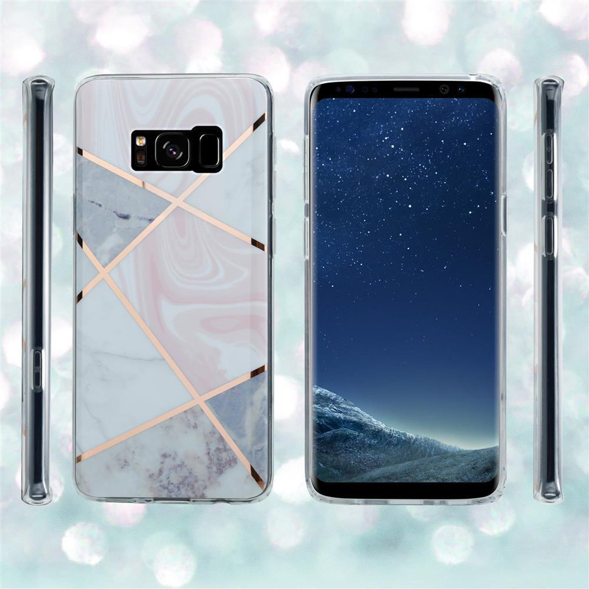 Custodia per telefono con design in marmo e oro rosa accanto al telefono, che mostra le sue caratteristiche.