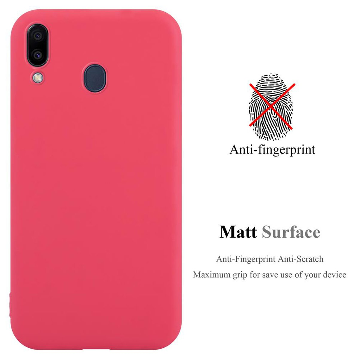 Custodia rosa per telefono con testo e simbolo impronta digitale, isolata.