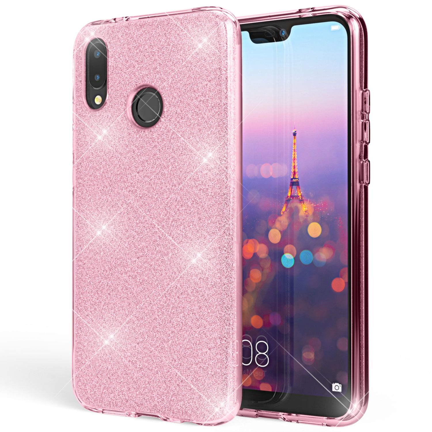 Une coque de téléphone rose à paillettes avec un téléphone à l'intérieur, affichant un écran avec des applications et la Tour Eiffel.