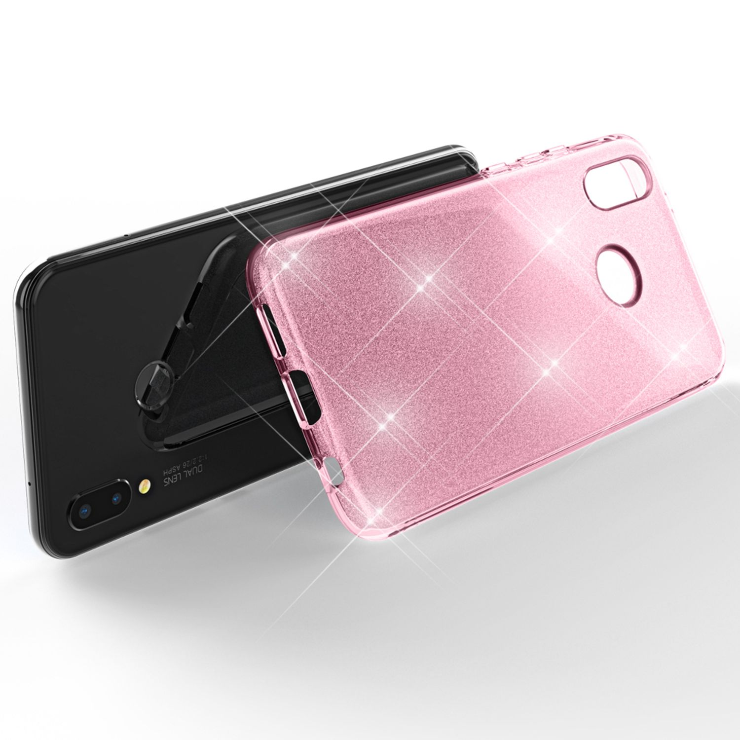 Rosa Glitzer-Handyhülle auf schwarzem Telefon. Beide auf weißer Oberfläche.