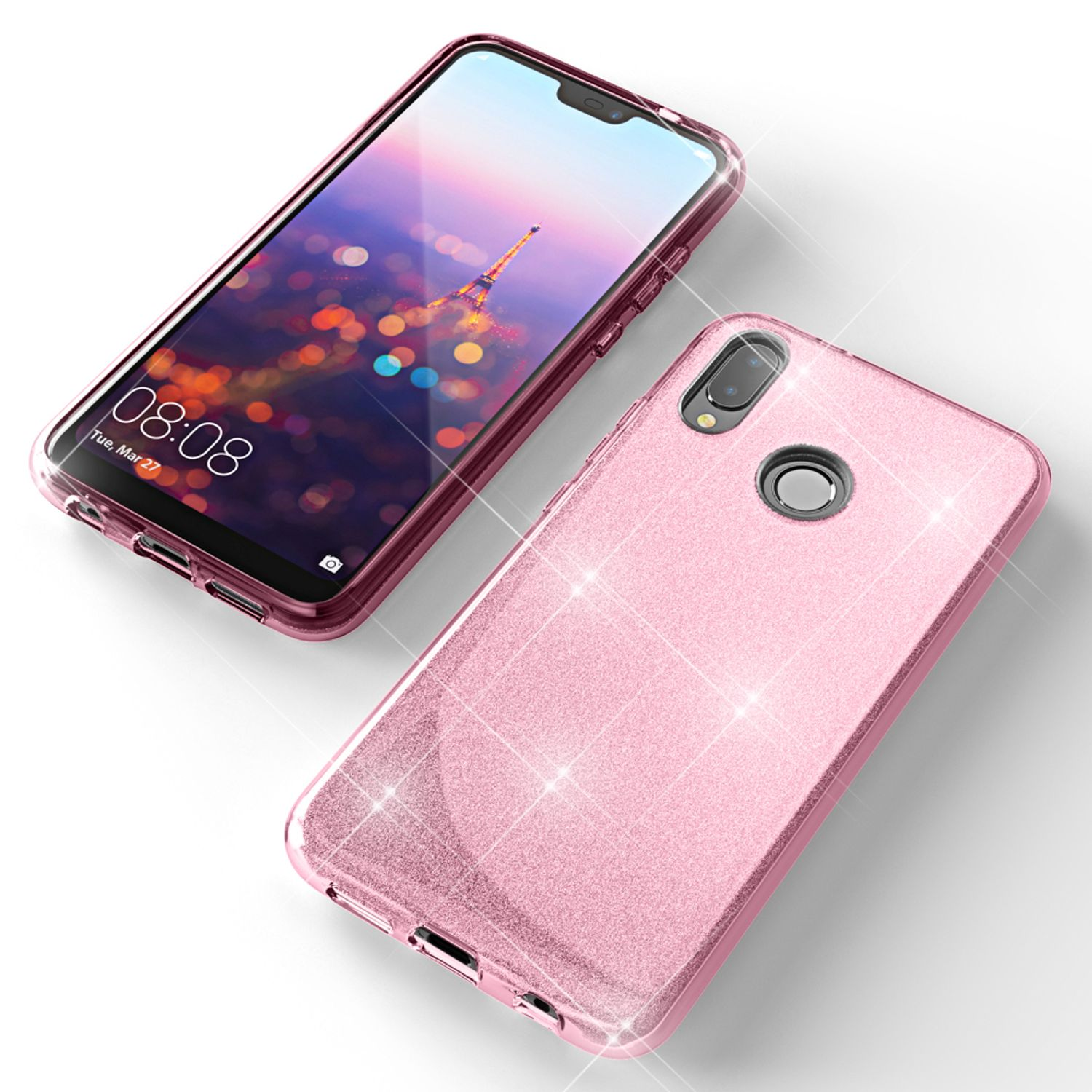 Zwei rosa Handyhüllen mit einem Handy im Inneren. Der Bildschirm zeigt die Uhrzeit und eine Stadtlandschaft.