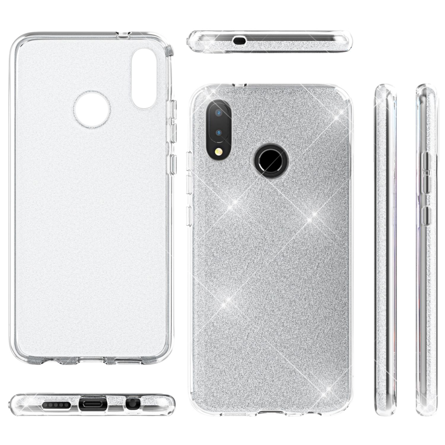 Ein Set klarer Handyhüllen mit Glitzereffekt. Zeigt mehrere Winkel des Telefons.
