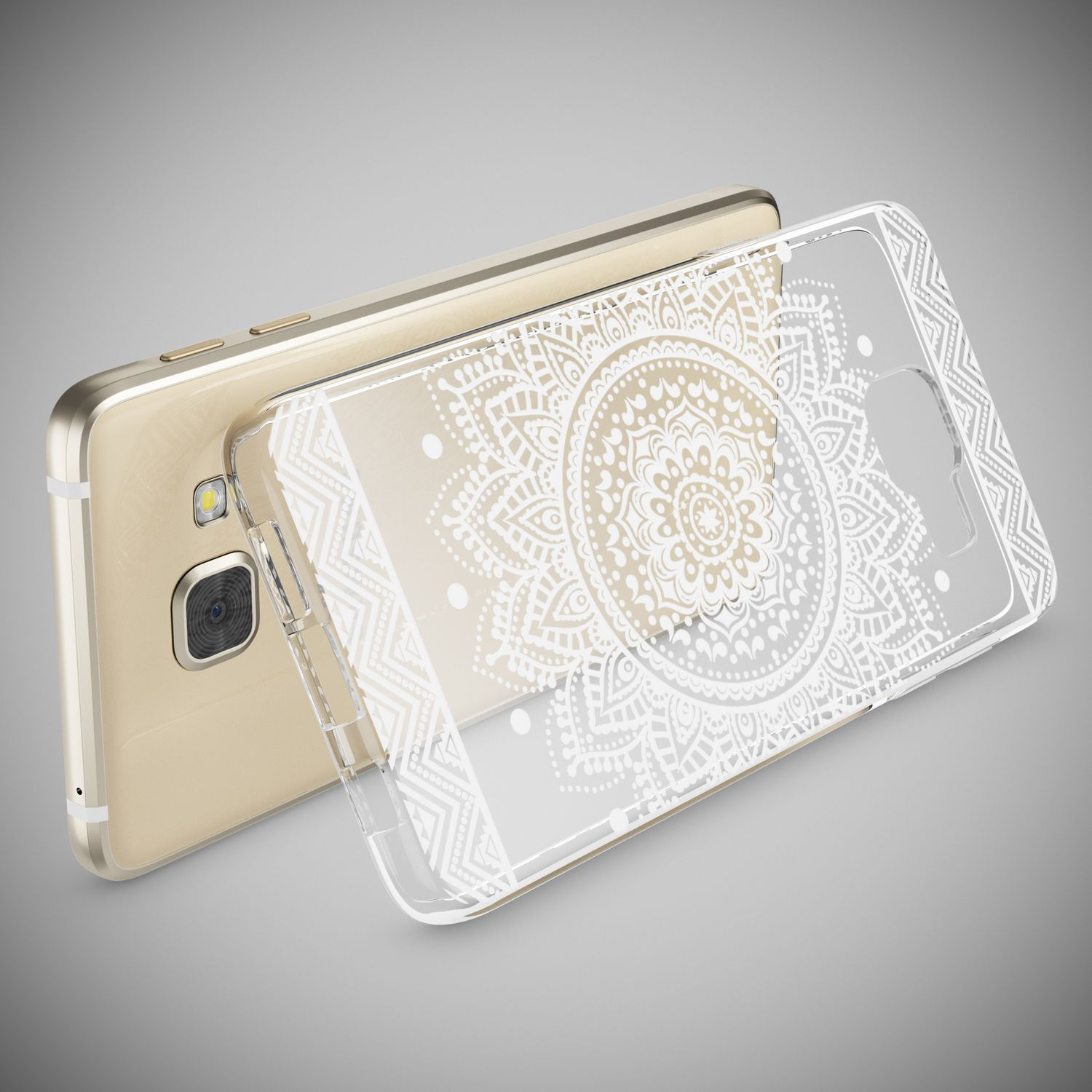 Handyhülle mit einem Mandala-Design. Dahinter befindet sich ein goldenes Telefon.