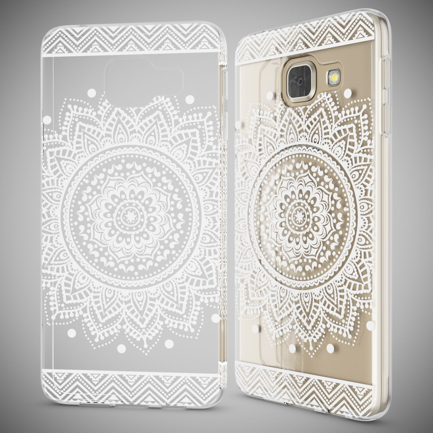 Zwei transparente Handyhüllen mit weißen Mandala-Designs. Eine links, die andere rechts, aus unterschiedlichen Winkeln.