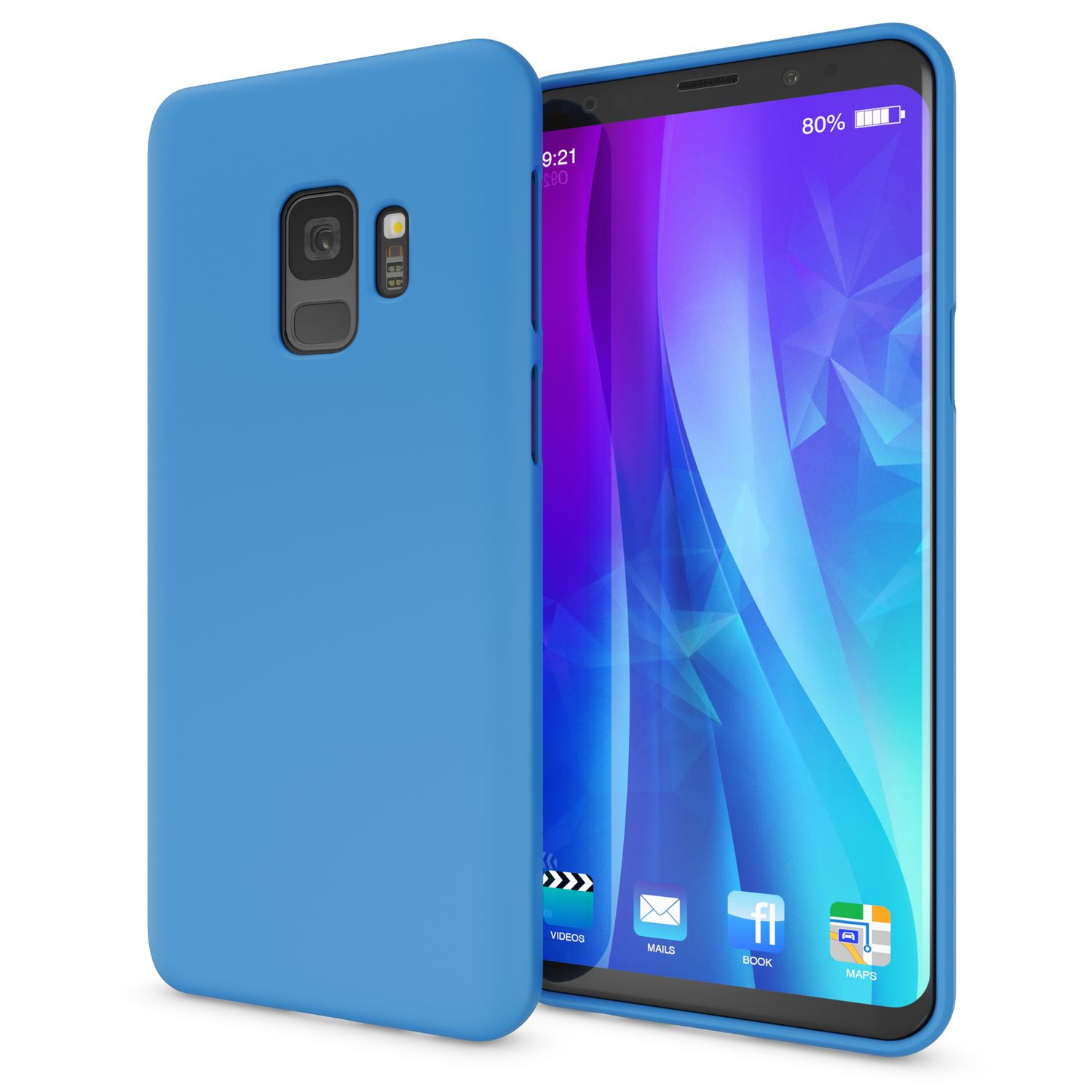 Eine blaue Handyhülle neben einem Telefon mit blauem und lila Bildschirm.