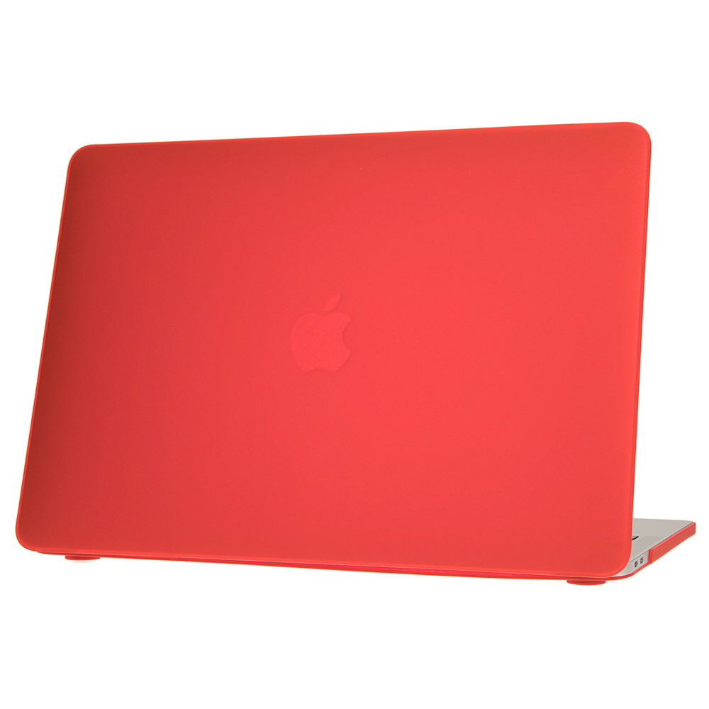 Rote Laptop-Hülle. Apple-Logo zentriert. Rückansicht.