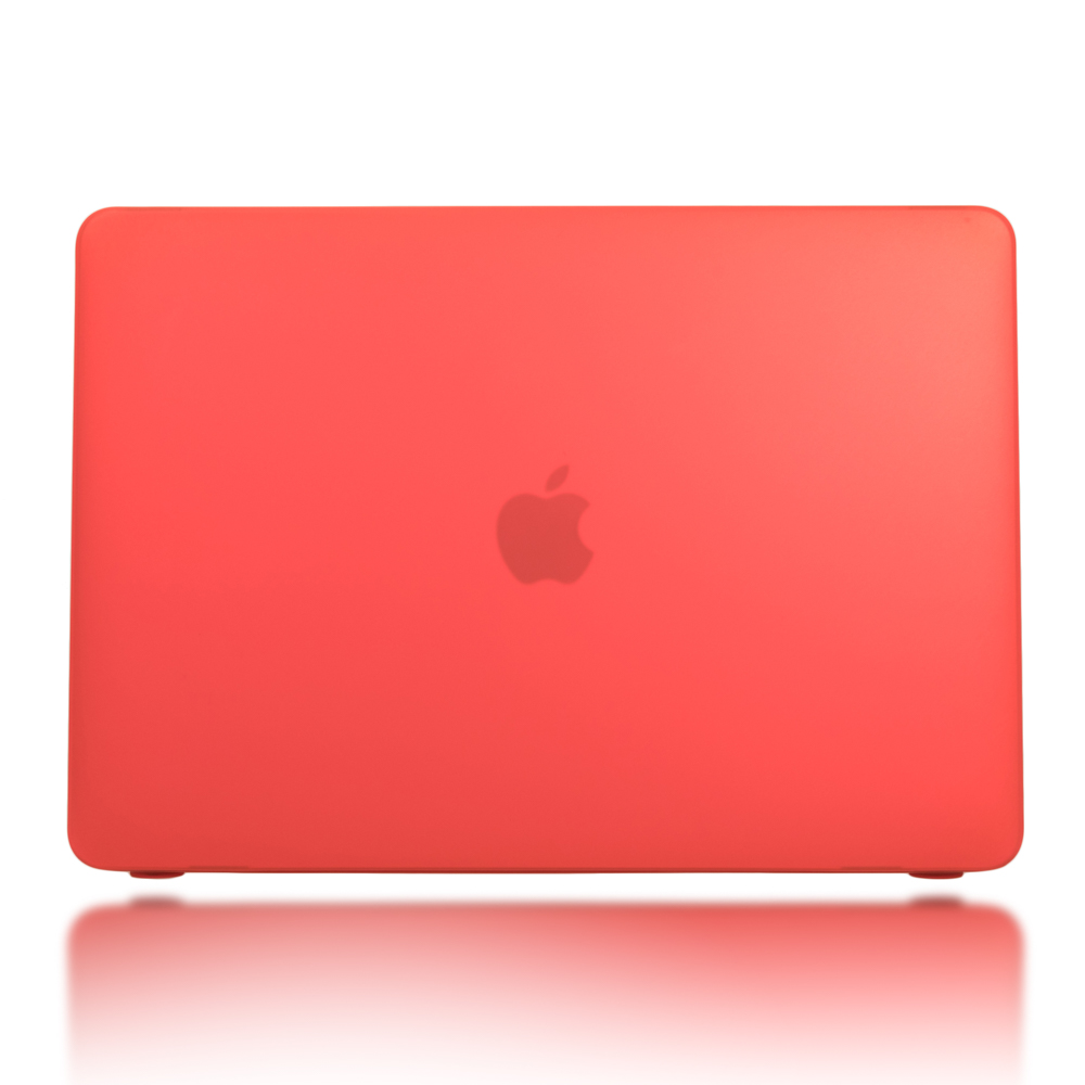 Rotes Macbook. Das Apple-Logo ist oben sichtbar.