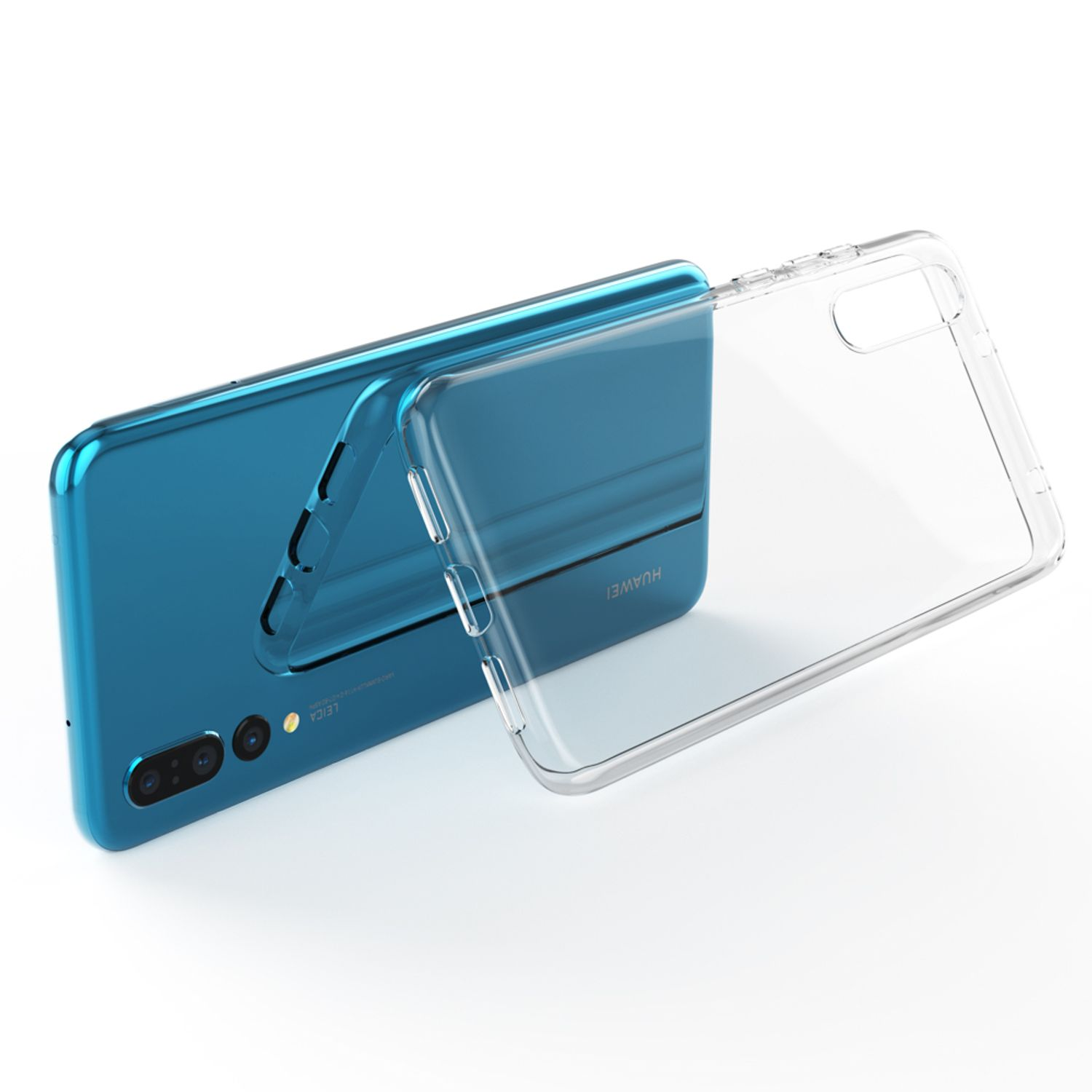 Transparente Handyhülle auf einem blauen Telefon. Das Telefon ist blau und hat eine transparente Hülle. Die Hülle ist vom Telefon entfernt.
