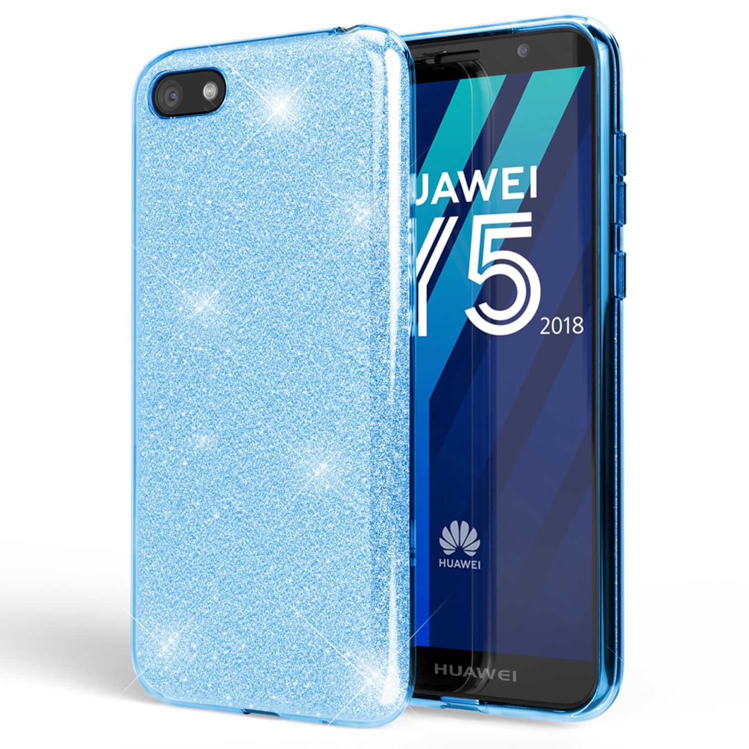 Custodia blu glitterata con telefono che mostra il logo Huawei.