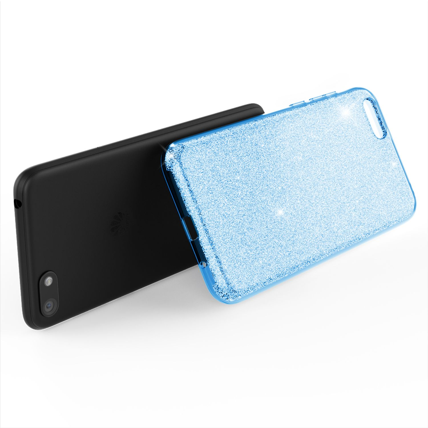 Ein schwarzes Handy neben einer hellblauen Glitzerhülle, die ihre reflektierenden Oberflächen zeigen.