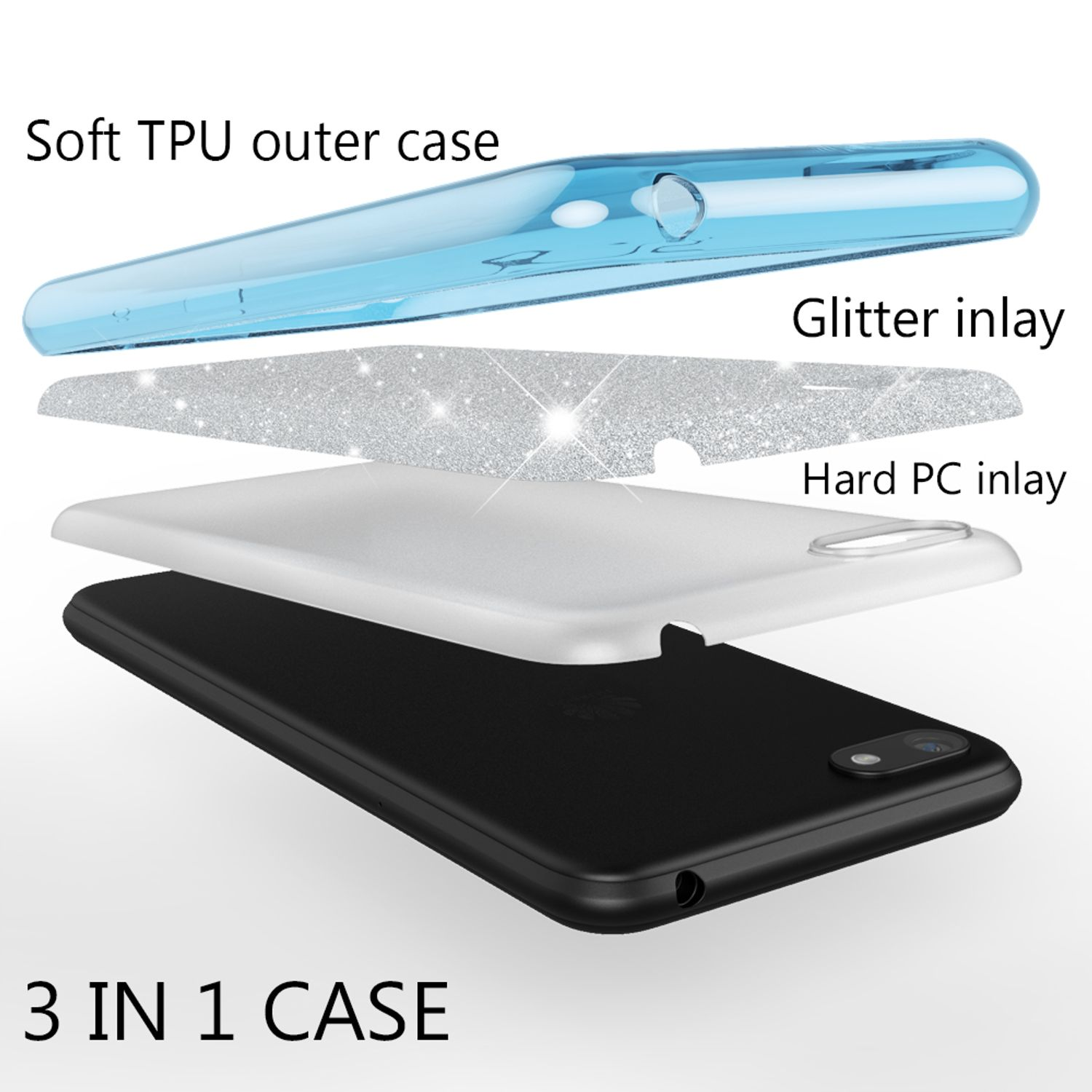 Transparente Handyhülle mit Glitzerschicht und schwarzem Telefon. Die Hülle ist ein 3-in-1-Design.