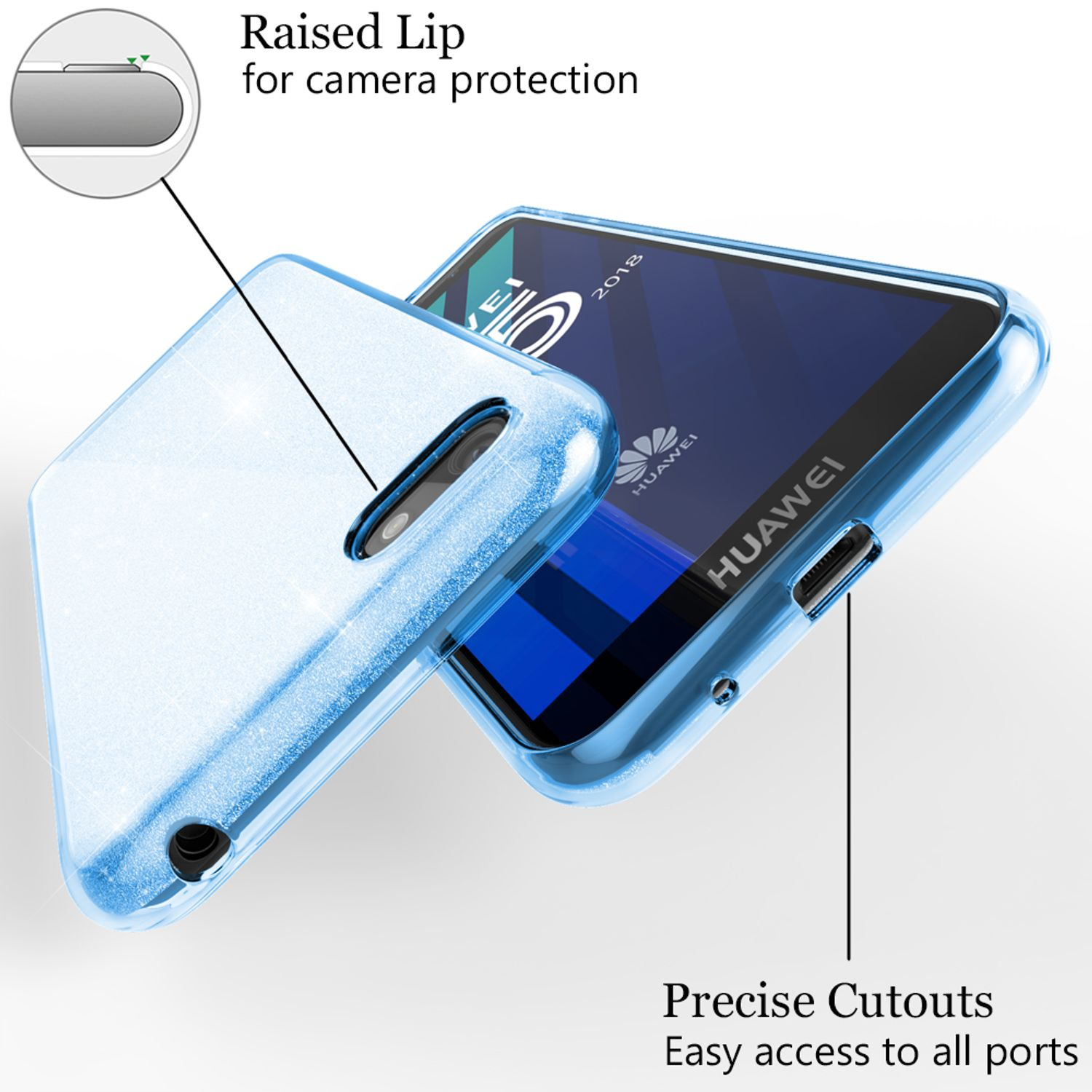Blaue Handyhülle mit Telefon darin. Zeigt erhöhte Lippe und präzise Aussparungen für Anschlüsse.