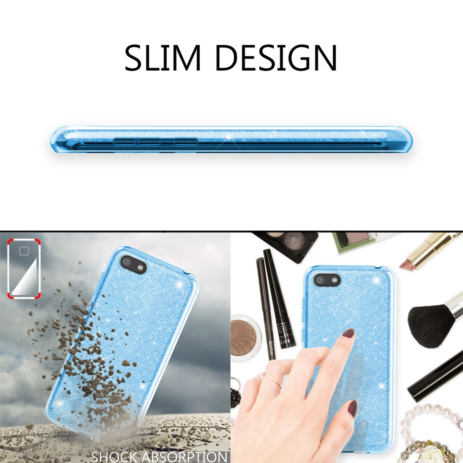 Blaue Handyhülle mit Glitzer. Die Hülle ist offen, zeigt das Telefon und liegt mit Make-up.