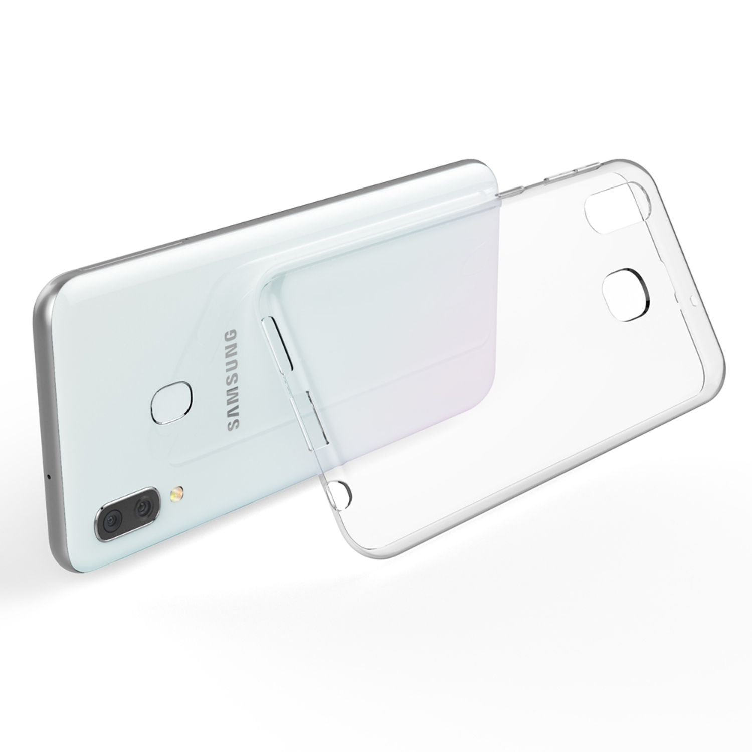 Teléfono con funda transparente. La funda está parcialmente retirada, mostrando el teléfono.