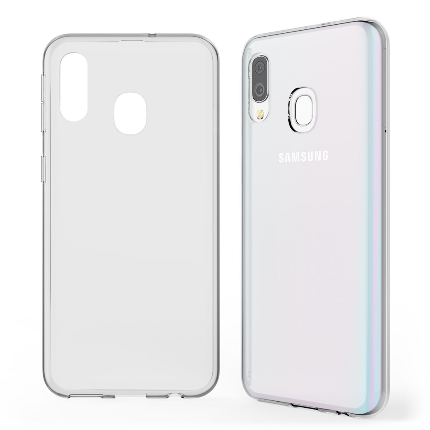Funda transparente con teléfono dentro, mostrando la parte trasera.