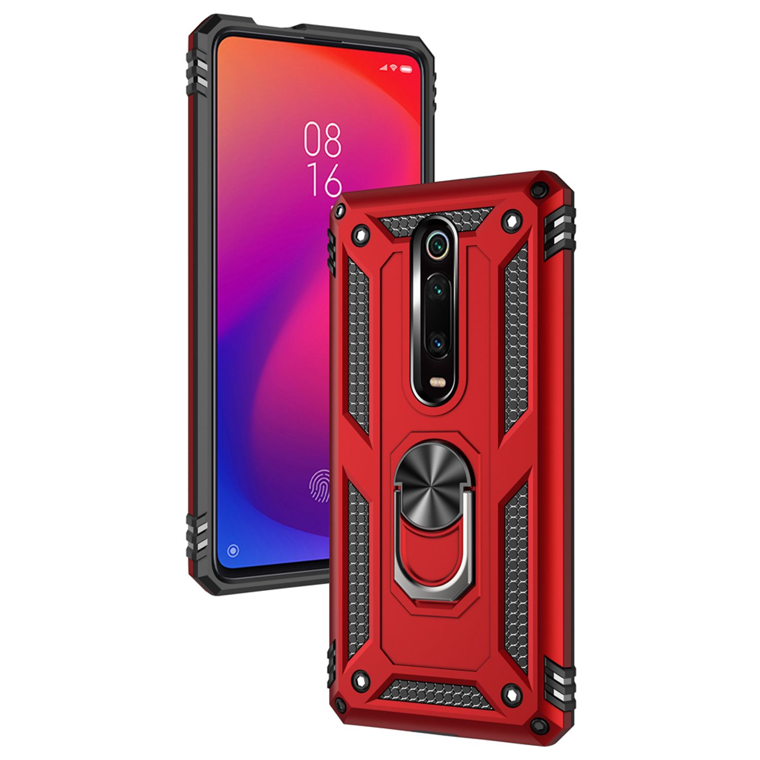 Rote Handyhülle mit Telefon, Kamera und Ringhalterung.