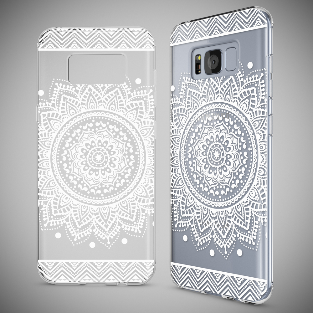 Zwei Handyhüllen mit weißen Mandala-Mustern. Eine zeigt die Rückseite, die andere ein Seitenprofil.