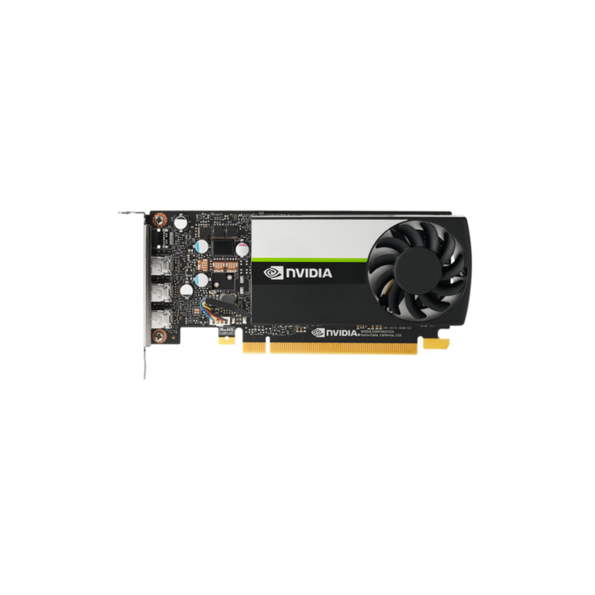 Eine Grafikkarte mit Lüfter und dem NVIDIA-Logo. Sie ist schwarz und grün und hat goldene Anschlüsse.