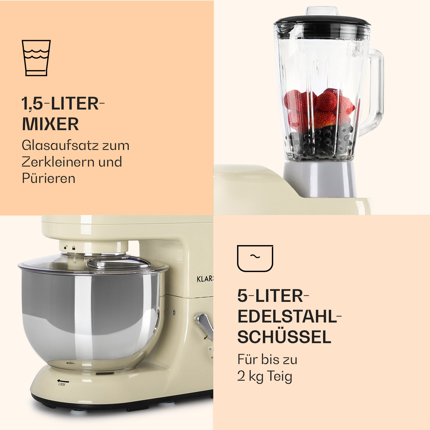 Ein beiger Küchenmixer mit Edelstahlschüssel und ein Mixer mit Erdbeeren und Blaubeeren.